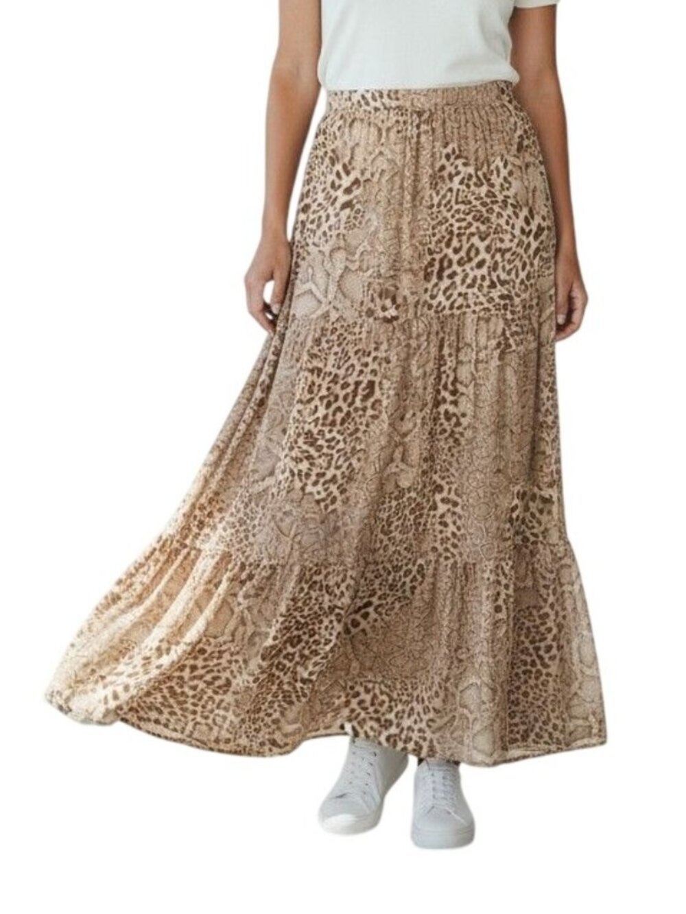 Olivaceous Beige Brown Mixed Animal Print Tiered Maxi Skirt NWT - Size S